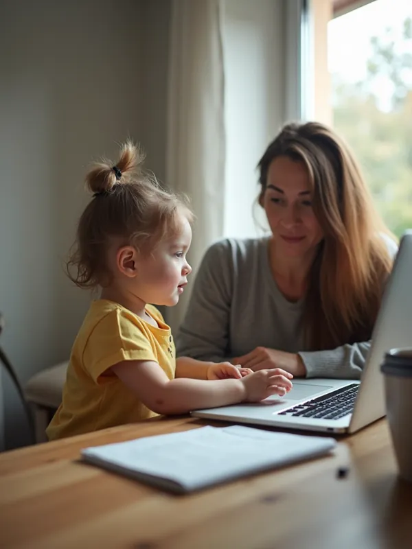 A parent working from home beside her toddler
