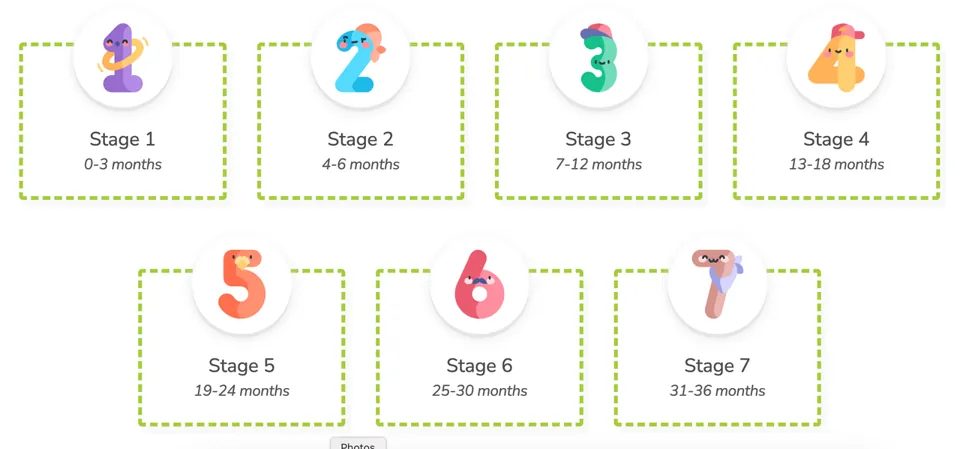 The seven developmental stages, from 0-3 months to 31-36 months